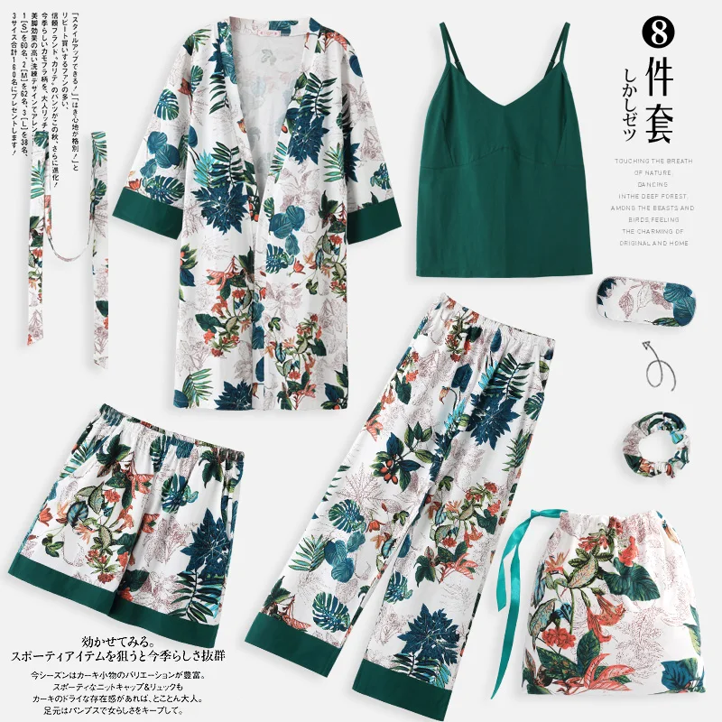 En Ligne Pyjamas, printemps, automne, manches longues, kimono pur coton, feuilles, chemises de nuit, ensemble de sept pièces, vêtements de maison sexy d été hiver.