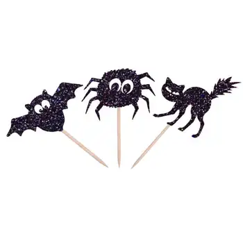 

glitter Bat, Spider, Black Cat Halloween cupcake toppers wedding birthday party decoration doughnut food treat fruit picks