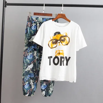 

2019 Large size women's summer dress new fat mm print short-sleeved T-shirt + chiffon pants XL to 4XL