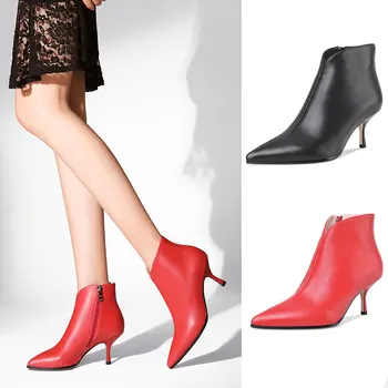 

Women ankle boots Genuine Leather 22-25 cm Inside and outside Genuine Leather pointed toe zipper shoes 2 color choose fashion