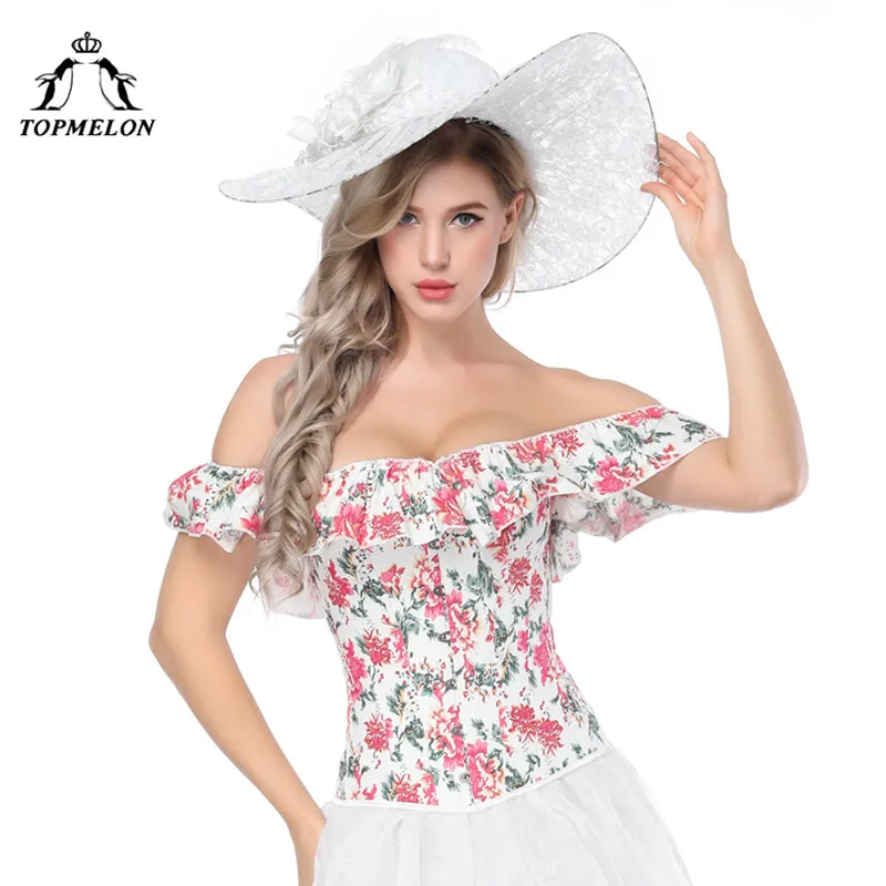 TOPMELON Floral Bustier Top Women's Off Shoulder Ruffles Corsets and Bustiers Overbust Sexy Corsets Slimming Short Sleeve Cloth