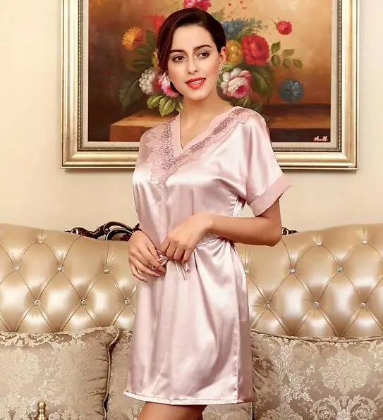 

Hot style silk nightgown Ms leisurewear nobility sexy lace silk v-neck night dress with short sleeves in spring and summer