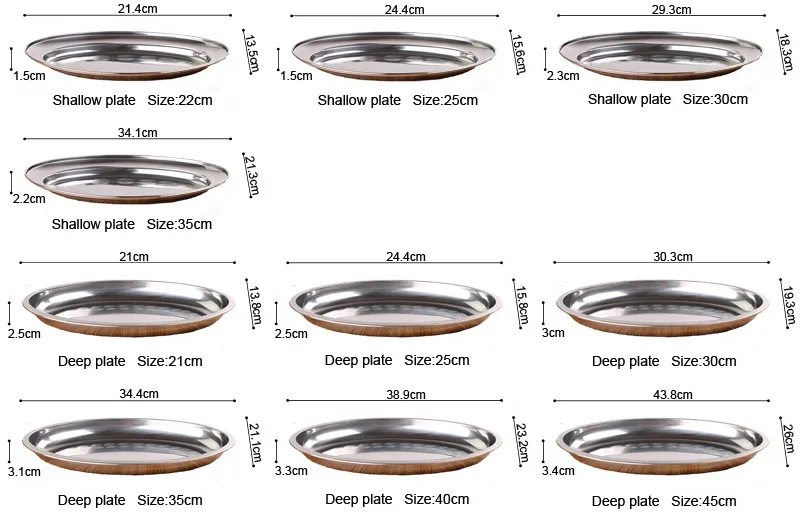 Высококачественная немагнитная тарелка из нержавеющей стали, овальная тарелка для углубления, обычная мелкая тарелка на пару вермишели 21-45 см, блюдо для рыбы
