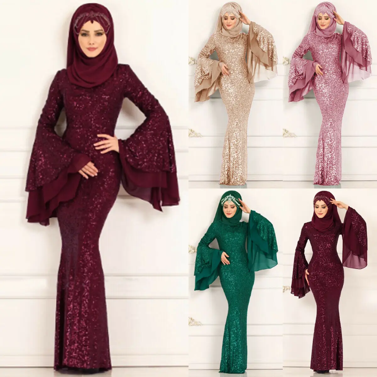 

Fashion Sequined Stitching Dubai Style Female Long Multi-layer Sleeve Muslim Islam Kaftan Abaya Maxi Long Dress Robe(no headwear