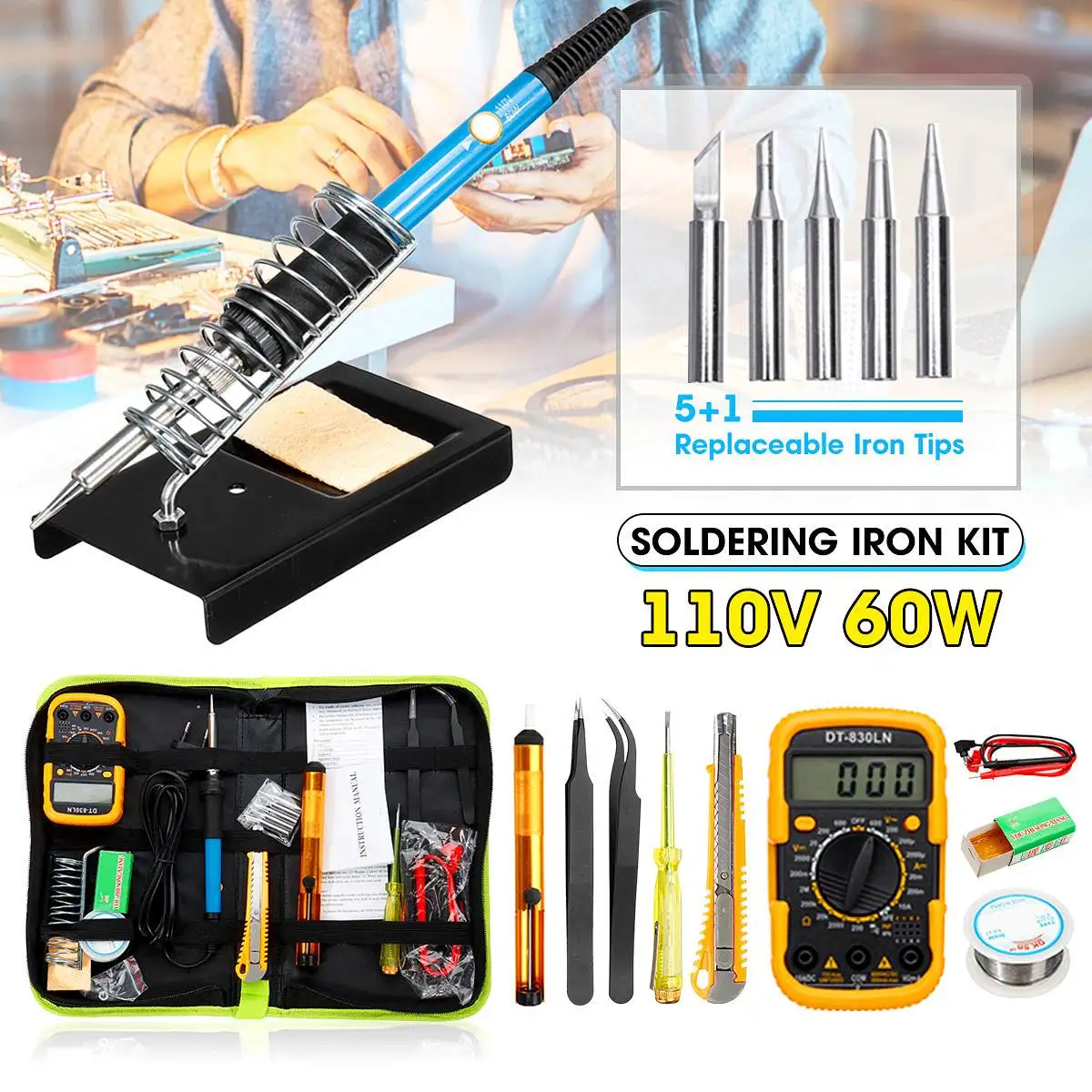 

Newest 110V Temperature Adjustable Electric Soldering Iron Set Welding Solder Station Heat Repair Tools With Digital Multimeter