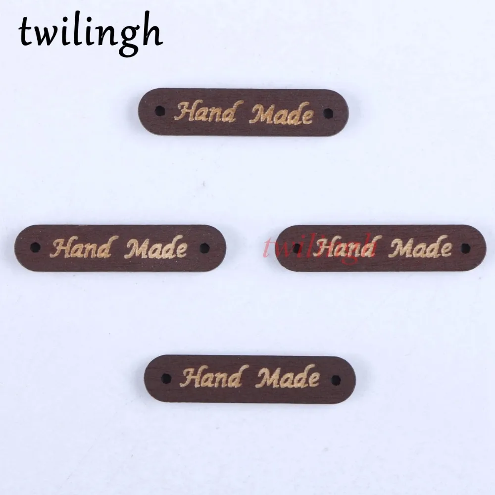 

twilingh 50Pcs Sew On Button 2 Holes Wooden Buttons Hand Made Logo Natural Brown Color Handmade Letter