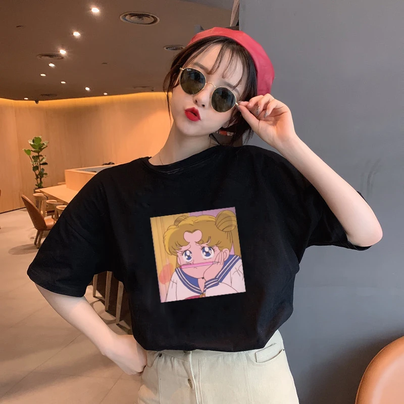 

2018 Sailor Moon print Summer New Fashion T Shirt Women Harajuku Short Sleeve Loose Ulzzang T-Shirt Cute Cartoon Top Tees Female