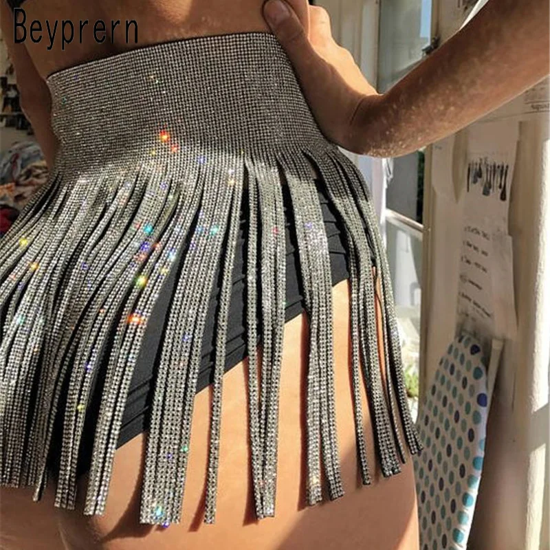 

Beyprern Sexy Metal Crystal Tassel Mini Skirt Shiny Adjustable Metal Crystal Skirt Rave/Party Outfits Women Shiny Festival Skirt