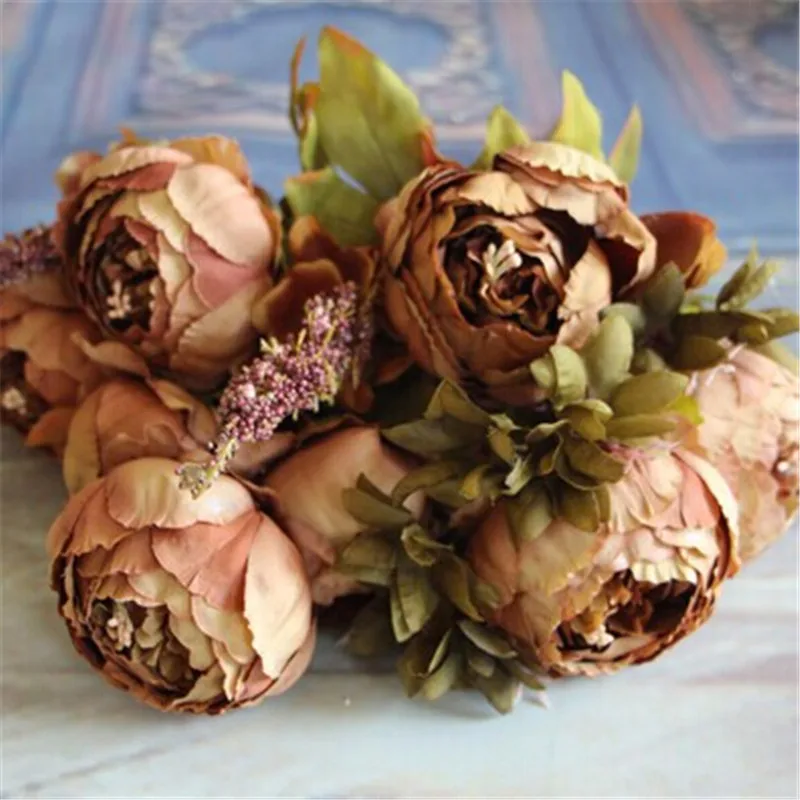 Image New Artificial Flowers Silk flower European Fall Vivid Peony Fake Leaf Wedding Home Party Decoration