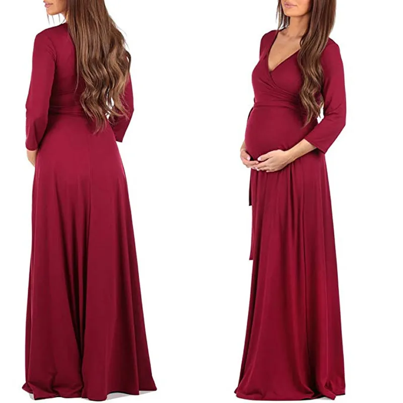 Элегантное платье с рюшами для беременных с v-образным вырезом и бантом; Платье макси с регулируемым поясом для беременных женщин; вечерние платья; Одежда для беременных