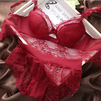 

Women Sexy Underwire Push Padded Embroidery Lace Bralette Big Size 3/4 Cup 70-80 Solid Brief Sets Ladies Bras Low Waist Panties