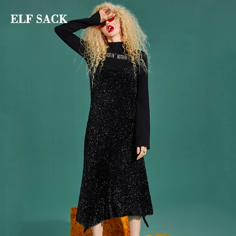 Женское платье без рукавов ELFSACK черное Повседневное Платье До Колена из хлопка