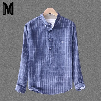 

2019 Spring Summer New Shirts Men Fashion 100%Linen Long Sleeve Cool Plaid Plus Size Shirt Y1669