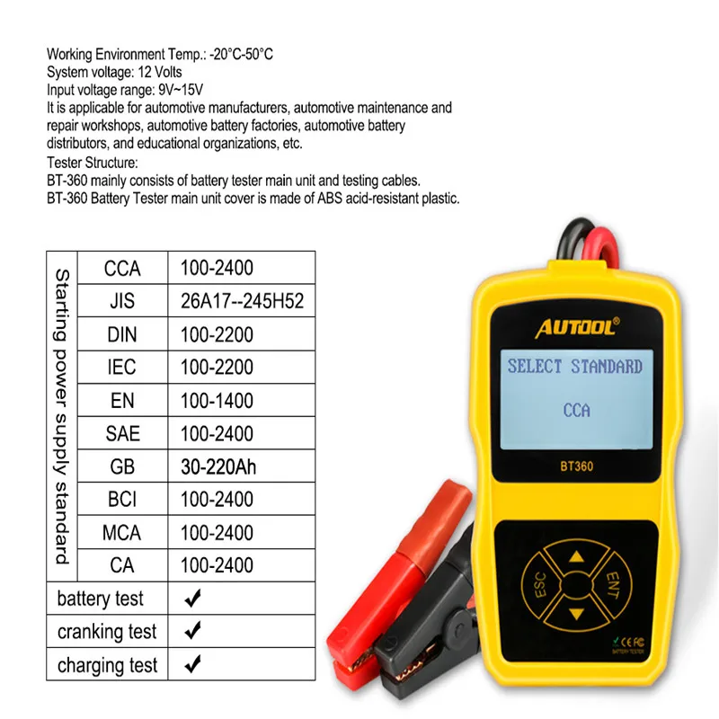 Autool BT360 автомобильный тест на батарею er 12 в цифровой портативный анализатор автомобильный вольтметр CCA Авто многоязычный тест на неисправность автомобиля