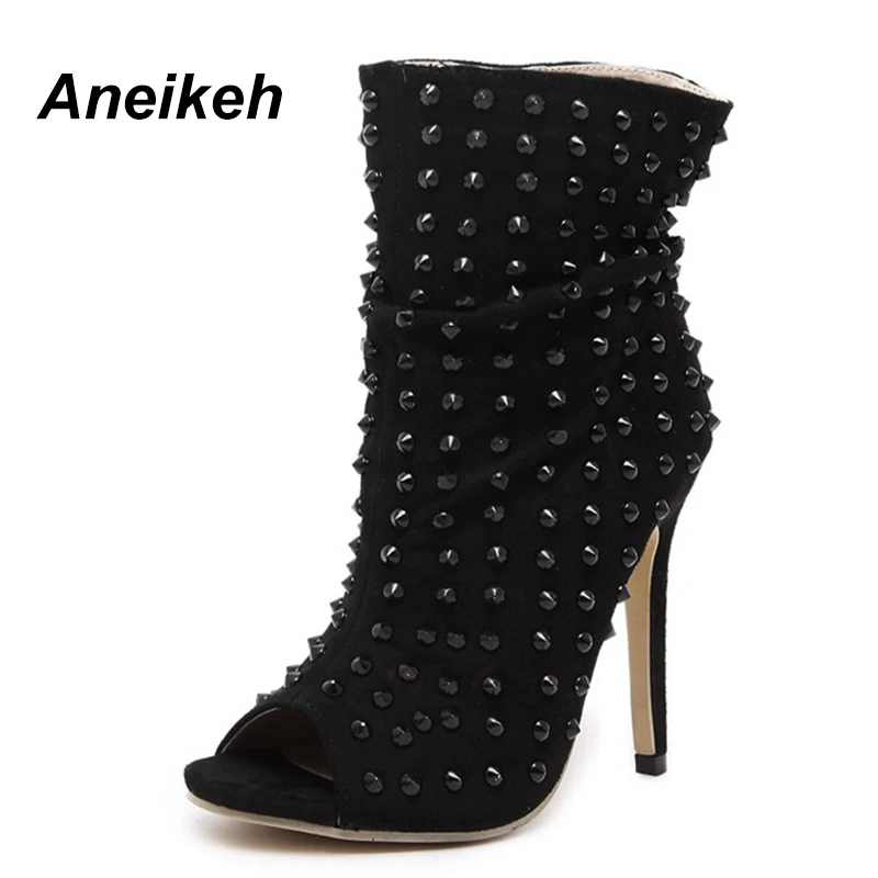 

Aneikeh Punk Rock Hedgehog Gladiator Shoes Rivets Ankle Boots Womens Peep Open Toe High Top Sandals High Heel Pumps Clubwear