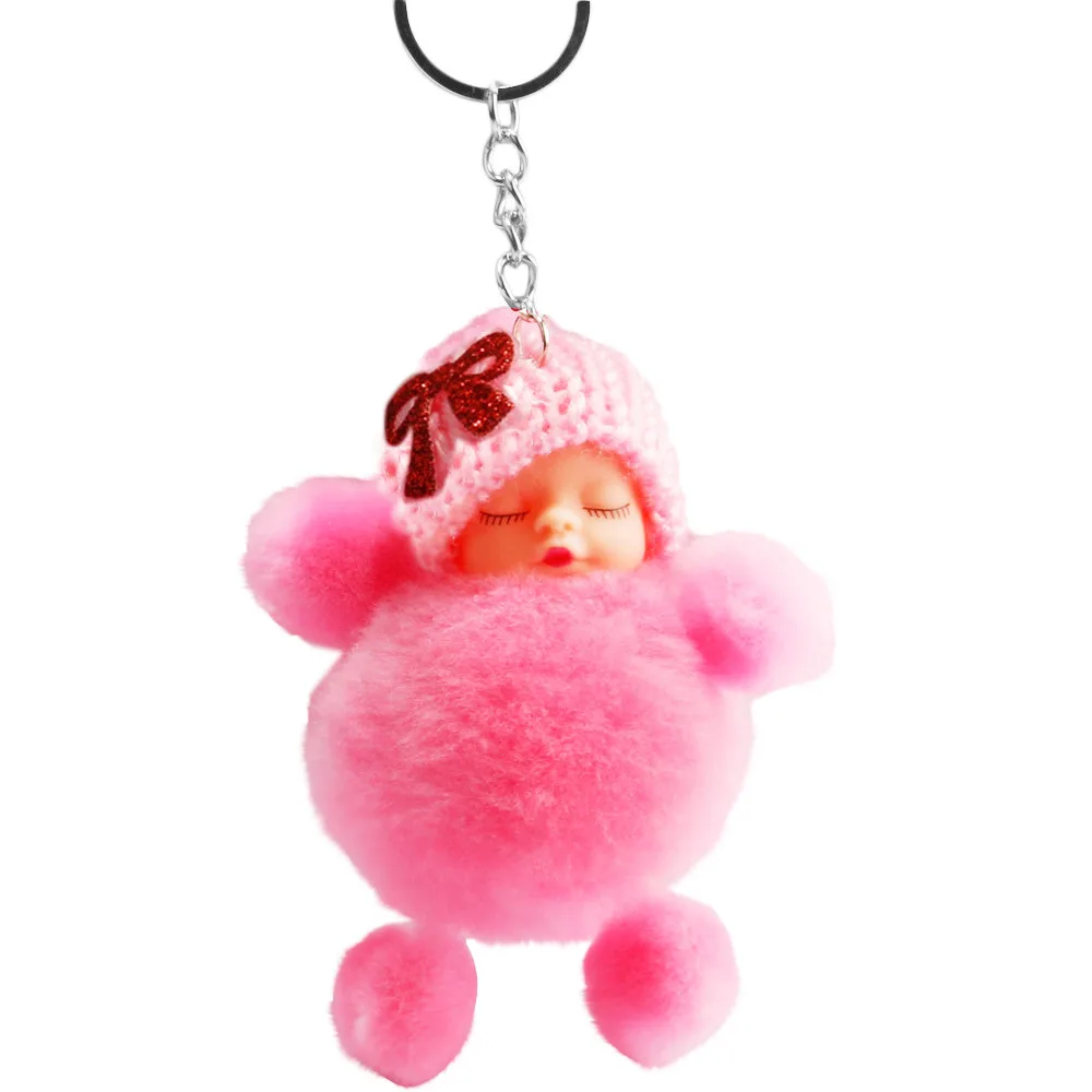 

6 colors Cute Sleeping Baby Bowtie Fluffy Pompom Fur Plush Doll Keychain Keyring Key Ring for girl Bag cartoon doll hanging 20