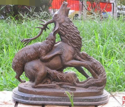 

xd 003428 17.5" WESTERN Bronze ART statue hunting dog Houndog courser and DEER