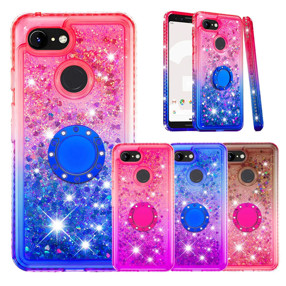 

Finger Ring Gradient Quicksand Diamond Case for Google Pixel 3 XL Love Heart Glitter Cover for Pixel 3 Bling Sequins Capa