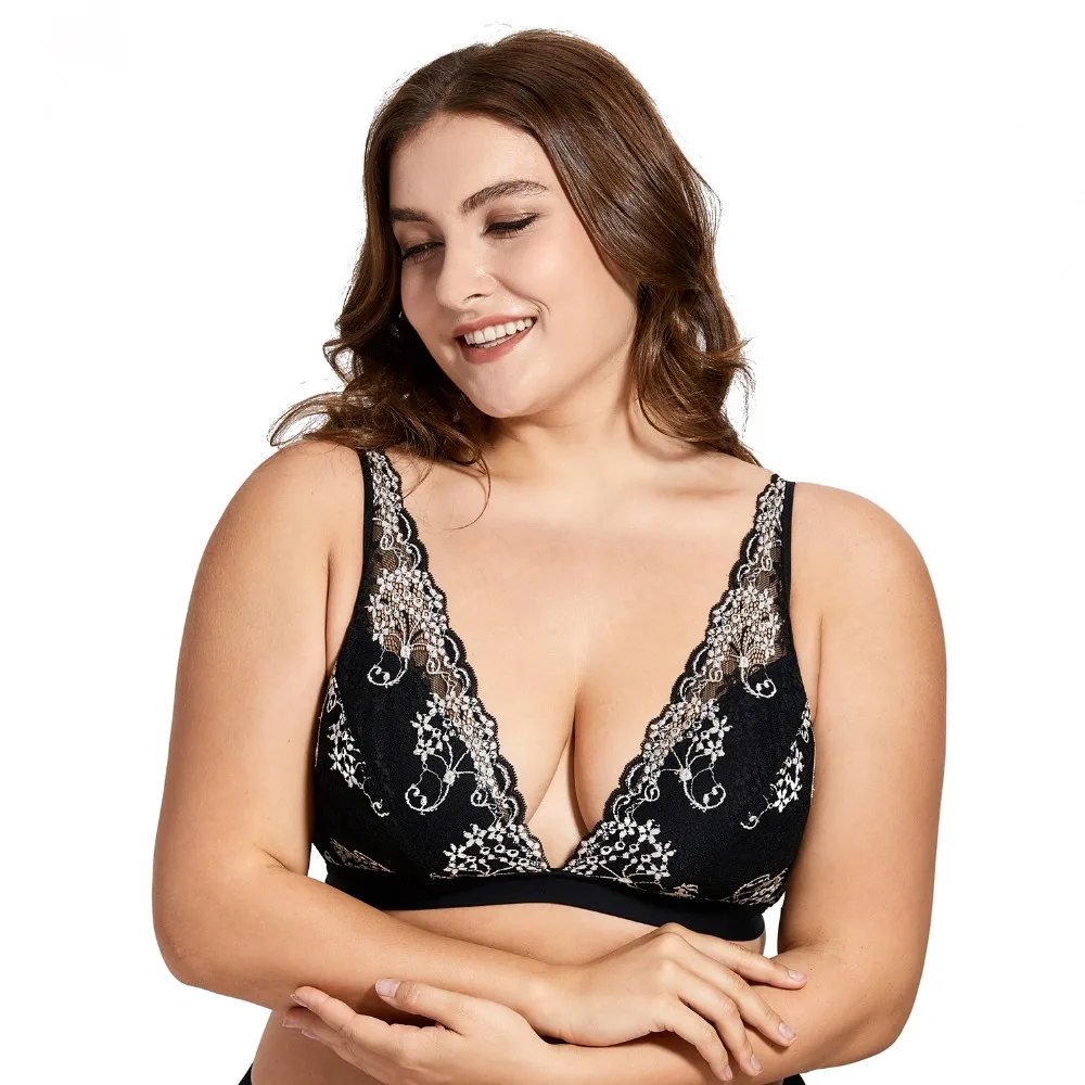 

Women's Sexy Deep-V Wire-Free No Padded Triangle Bralette Plunge Floral Lace Bra