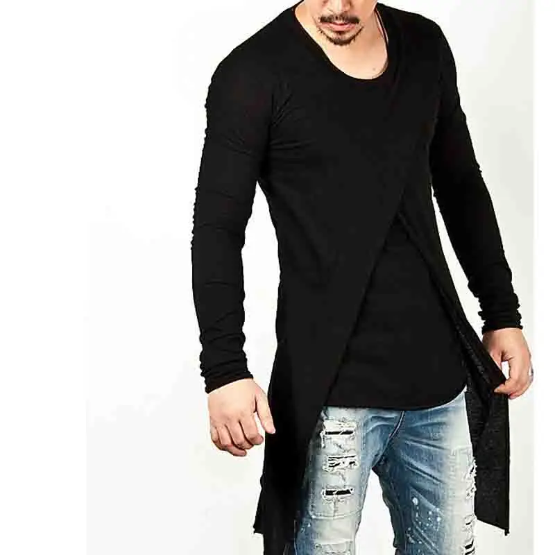 

HOT 2017 Spring Autumn Long style Over buttocks Art cardigan gentleman fake two piece Men's Long style T-shirt black Tee Top