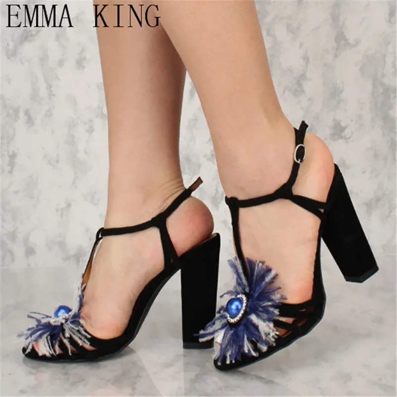 

Square Heels Fringe Sandals Women Summer Beach Shoes Crystal Buckle Strap Woman Gladiator Sandals Concise C-038