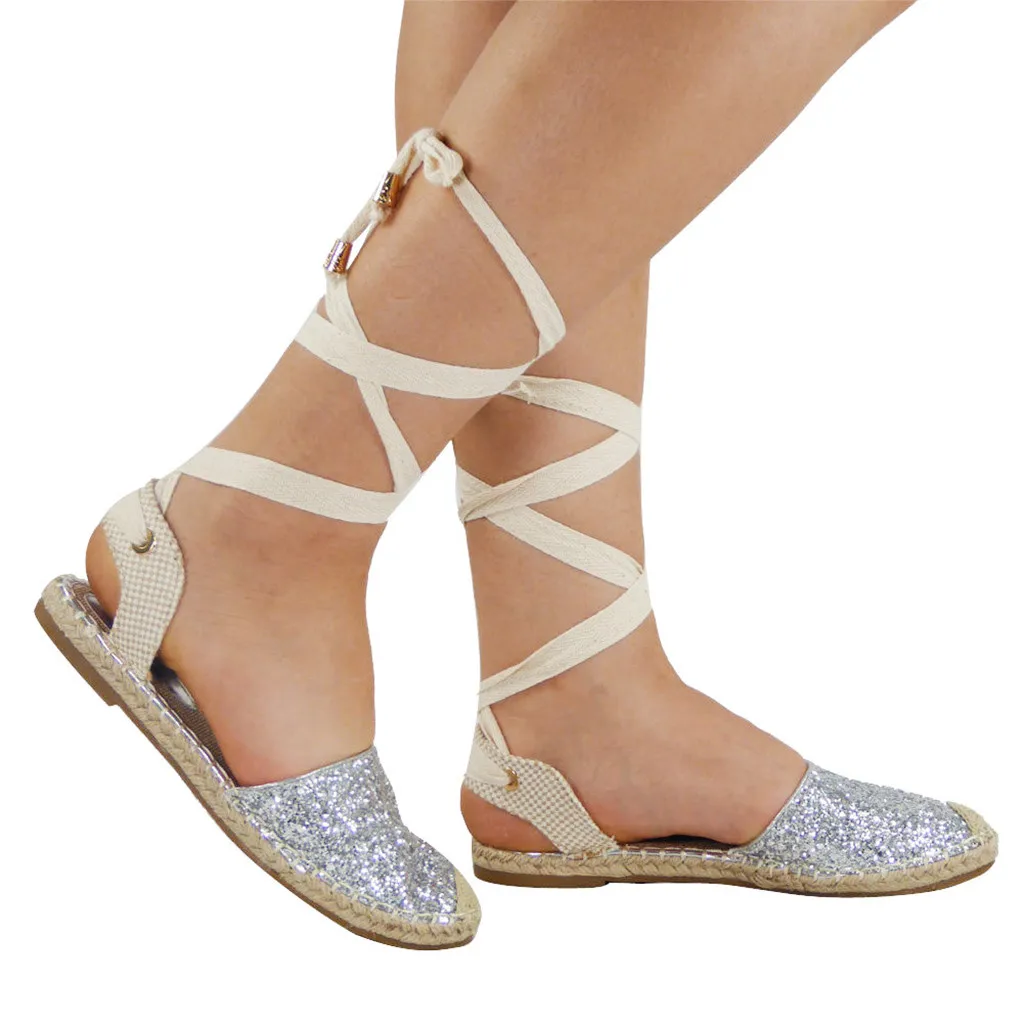 

Women Straw Round Toe Flat Casual Sequin Shoes Cross Strap Rome Style Sandals Flat bottom straw straps breathable fisherman shoe