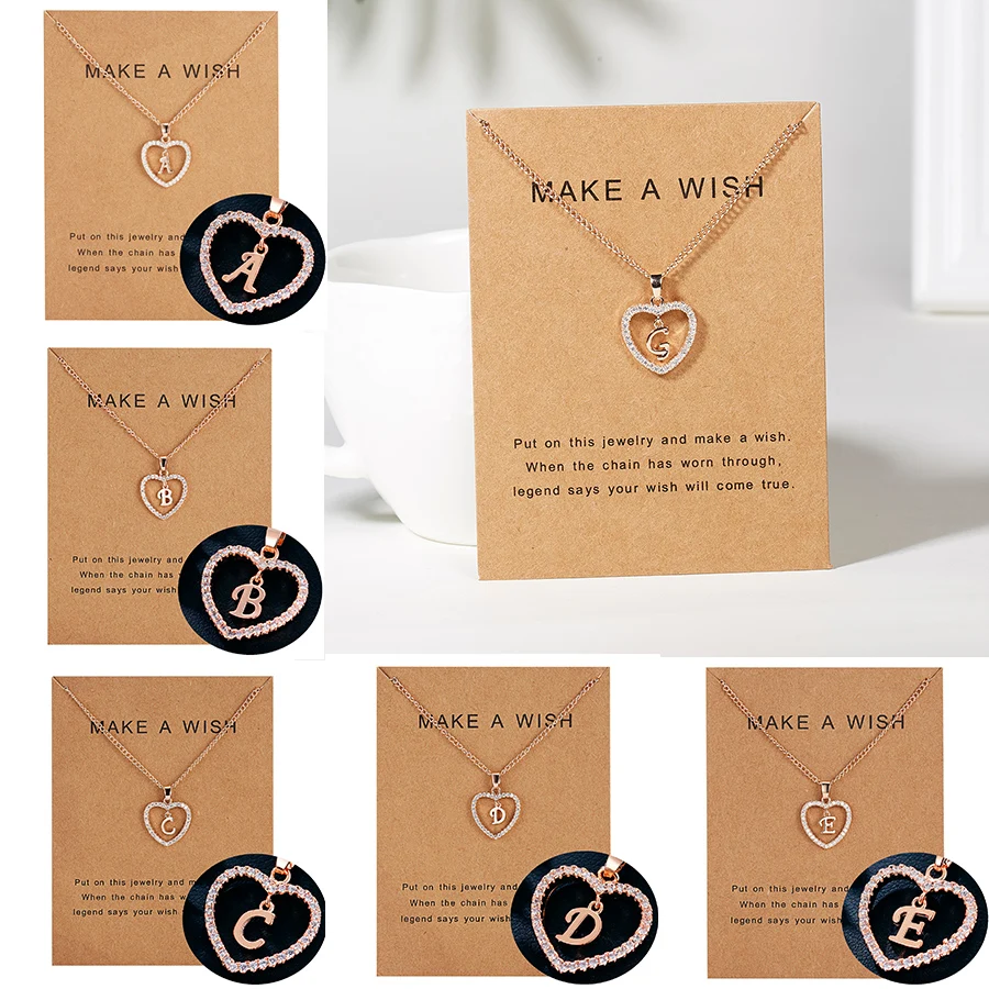 

New Charming With Card DIY Letter Pendant Necklaces For Women Girl Long Rose Gold Heart Family Friends Couple Jewelry Gift