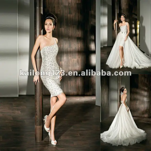 One shoulder Removable Tulle Wrap Train Beaded Tulle Sexy Short Wedding Dresses-in Wedding