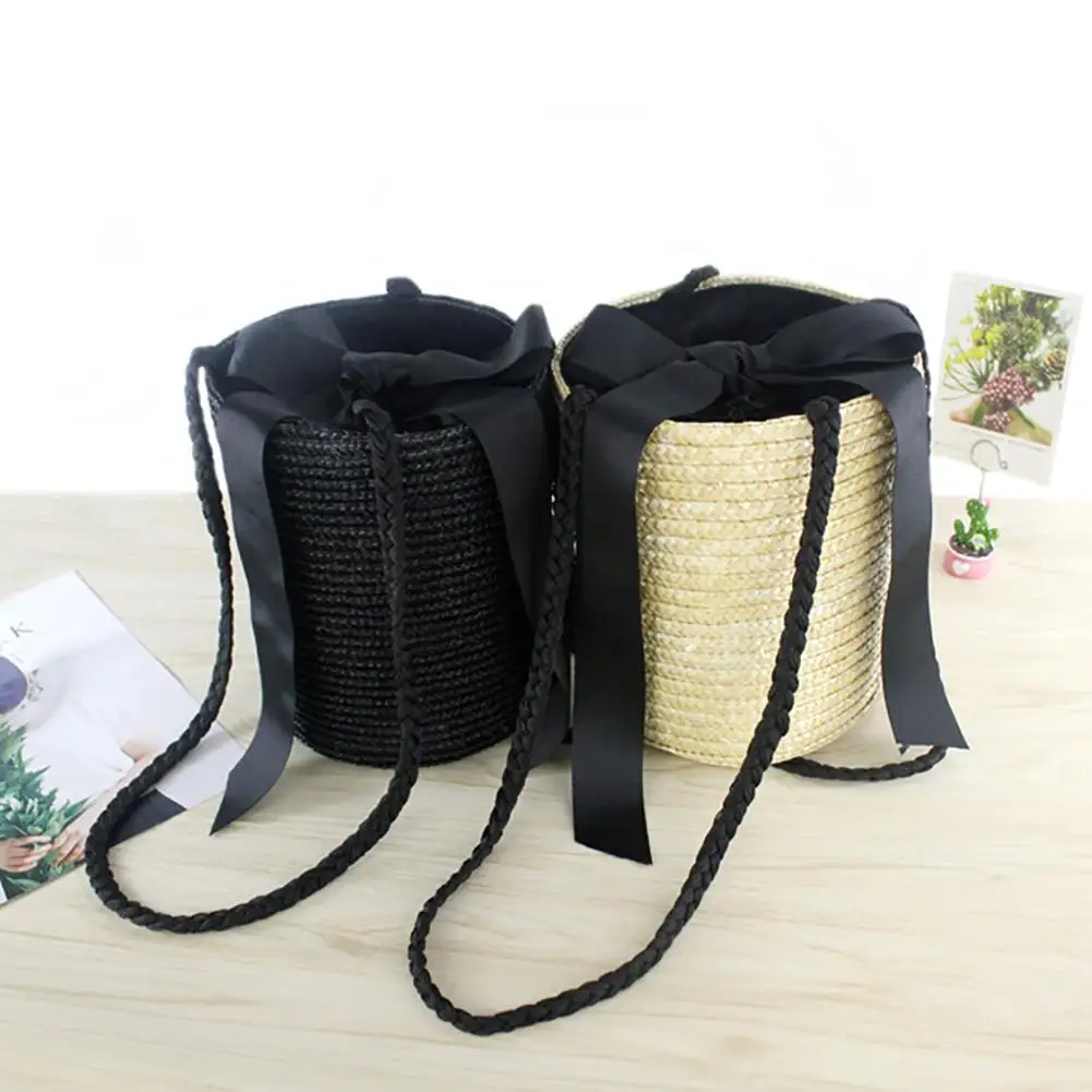 New Arrival Bucket-shaped Cute Straw Bag Messenger Knitted Bag Flower Beach Storage For Straw Bag Totes Fashion Shoulder Bags