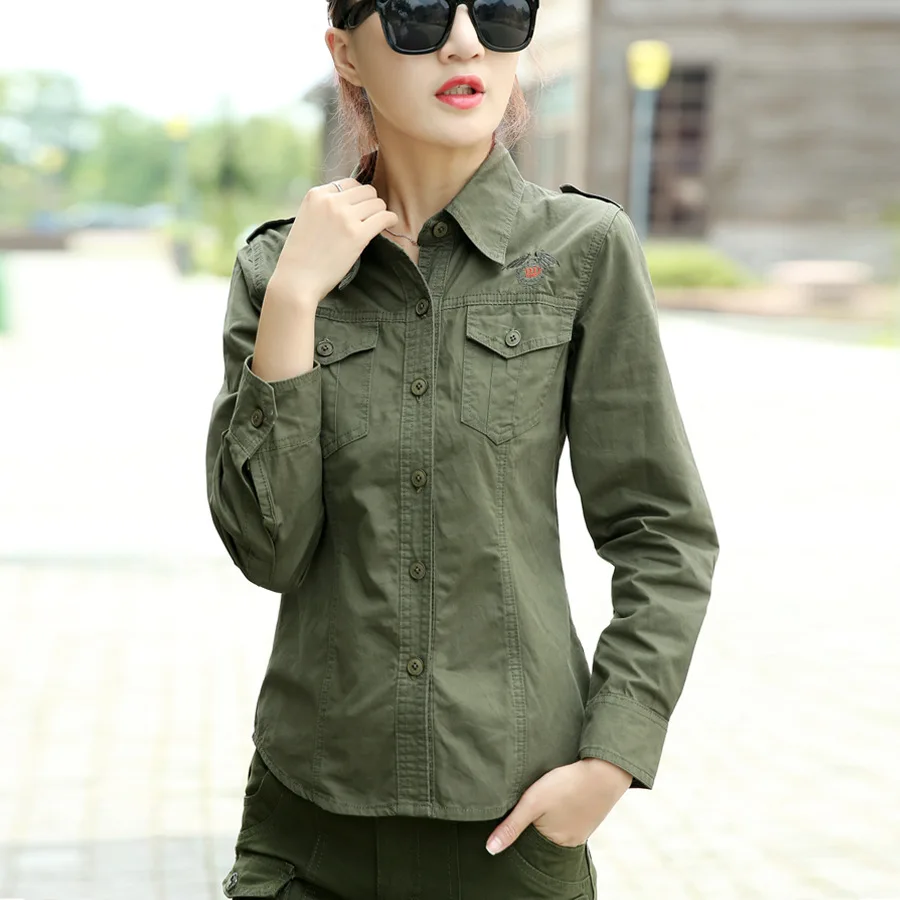 2020 Army Green Shirt Ladies Cotton Long Sleeve Badge Military Uniform Slim Blouses Plus Size 4XL 5XL Women Clothing sexy blouses for women Blouses & Shirts