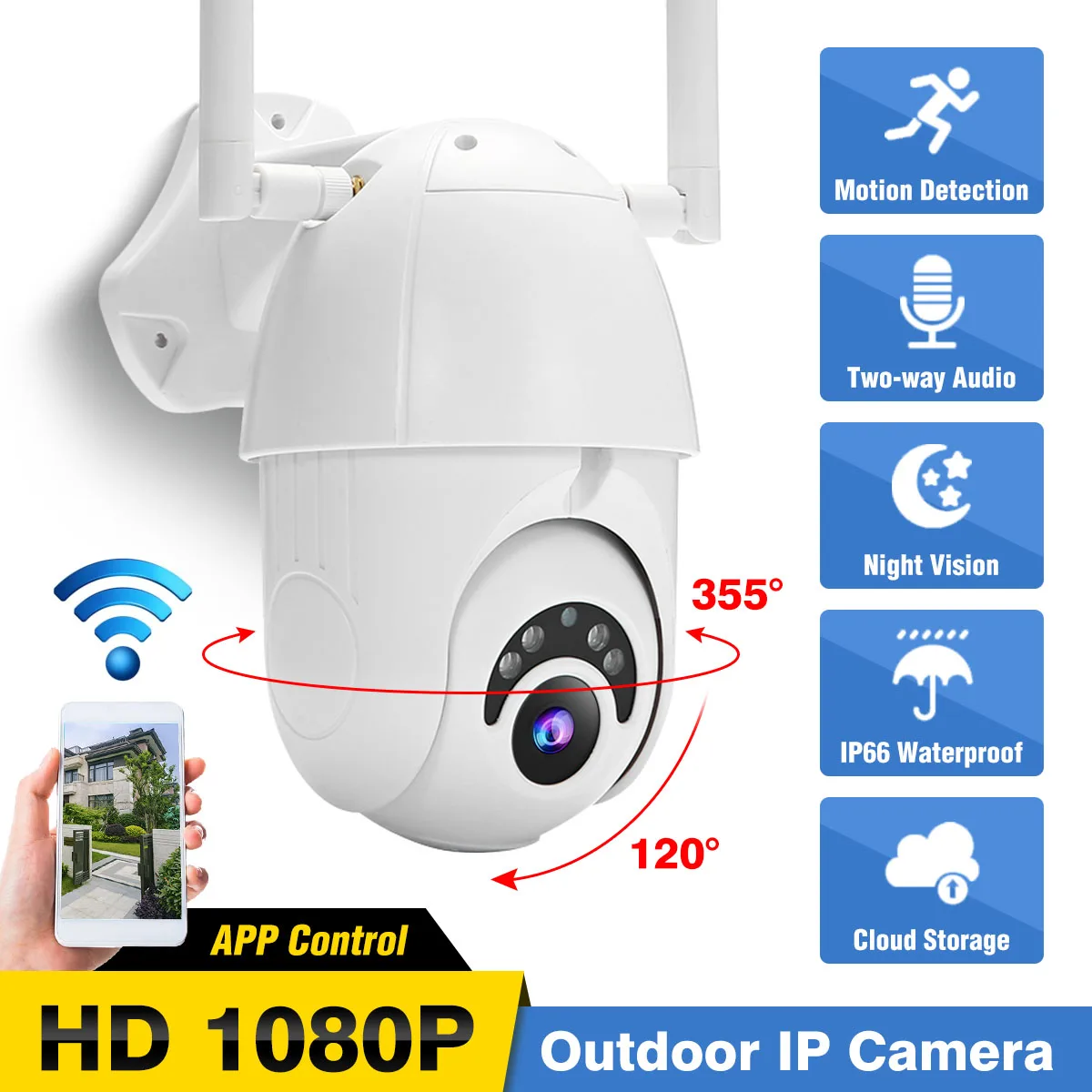 

ZOOM HD 1080P WIFI Wireless IP Camera Outdoor Security Surveillance Camera PTZ Speed Dome CCTV 60m P65 with Plug Cable