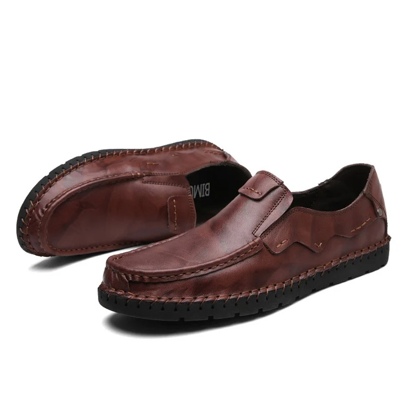 BIMUDUIYU Brand Mens Loafers Fashion Handmade Moccasins Cow Leather Men Flats Black Shoes Slip-on Casual Shoes For Men