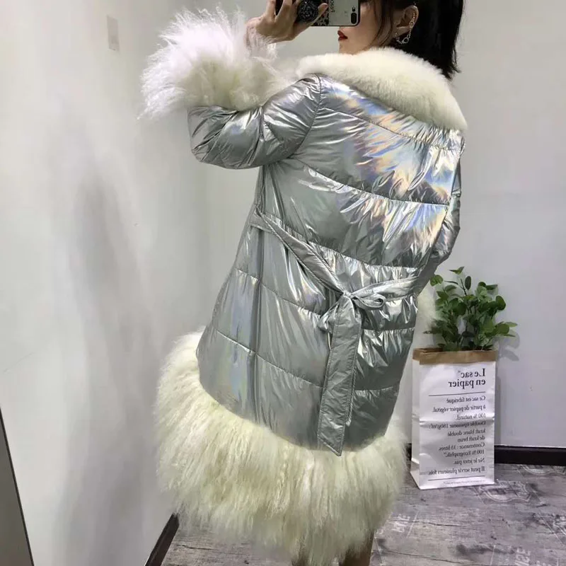 Abrigo mujer down jacket thick warm winter coat women 2019 new fashion long parkas silver with big geniune sheep fur collar