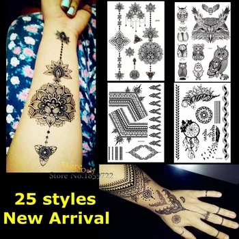 1PC Large Indian Mehdi Black Ink Henna Tattoo Lotus Flower Pendants Lace Jewelry Waterproof Temporary Tattoo Sticker Decal HBJ19