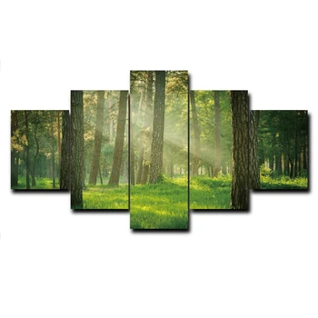 

Laeacco Canvas Painting Calligraphy 5 Panel Green Forest Trees Posters and Prints Wall Art Pictures for Home Living Room Decor