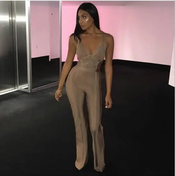 Женский бандажный комбинезон облегающий с треугольным вырезом 2017|designer