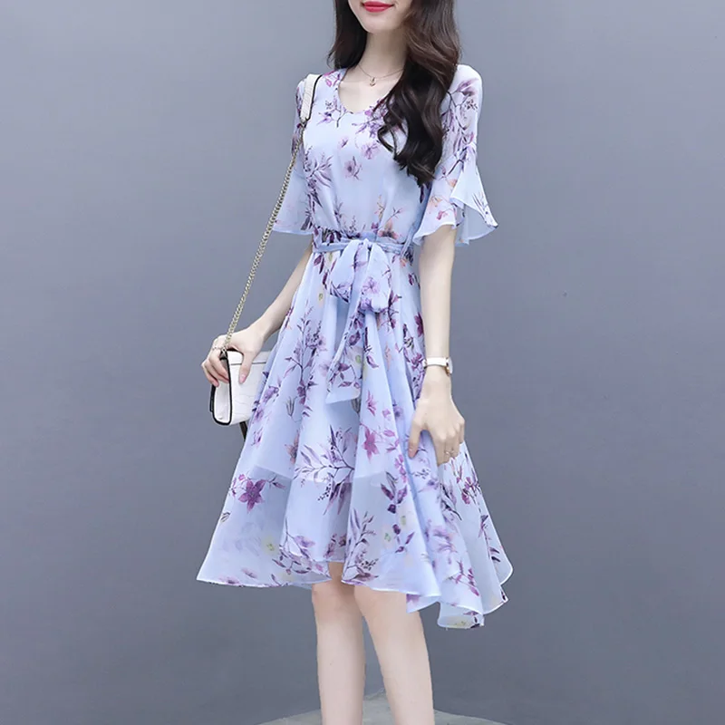 

Sexy O-Neck Bohemian Dress Women Elegant Floral Print Summer Casual Chiffon Sundress Vestidos