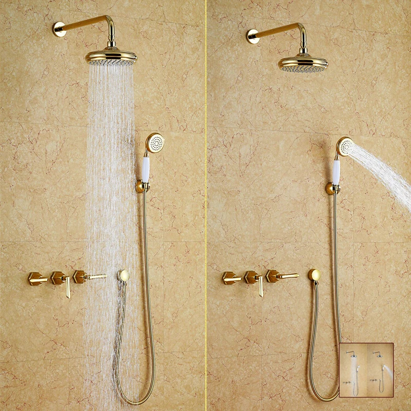 

Free ship wall mounted gold PVD finish waterfall rainfall shower and bath tub faucet mixer tap NEW