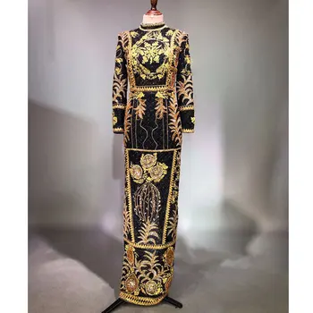 

Luxury Design Long Dress Catwalk Performance Black gold Costume Female Singer Nightclub Birthday Crystals Celebrate Dresses