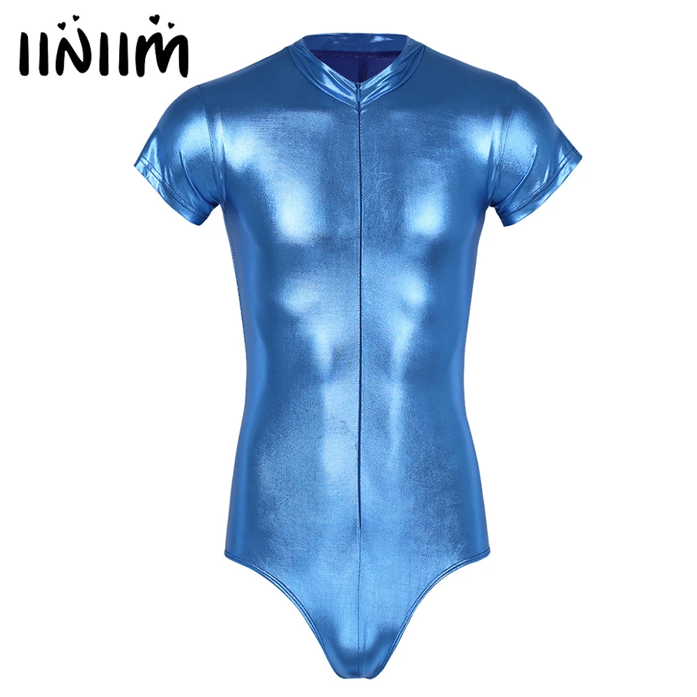 

Mens Body Suit One-piece Wetlook Patent Leather High-cut Short Sleeves Zippered Leotard Bodysuit for Men's Party Nightclub