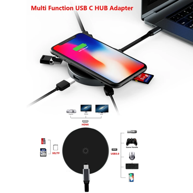 

New Multi function USB hub adapter Portable USB C Hub Adapter 4K HDMI Output QI Type-C Wireless Charger SD/TF Card Reader