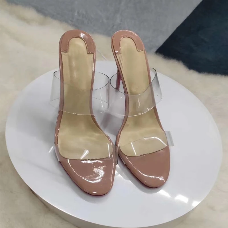 

Size 34-45 Transparent PVC Width Strap Women Slippers Summer Beach Stilettos High Heels Sliders Shoes