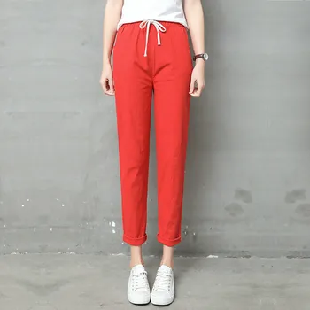 

Summer Red Orange Girls Straight Loose Cotton Linen Pants Women Thin Washed Sweet Lace Up Pants Casual Ladies Trousers Oversize