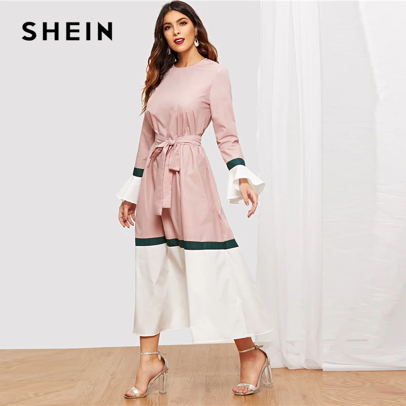 SHEIN Контрастное Платье С Поясом И Оригинальным Рукавом Женское Многоцветное Осеннее Элегантное Платье С Длинными Рукавами И Оборками