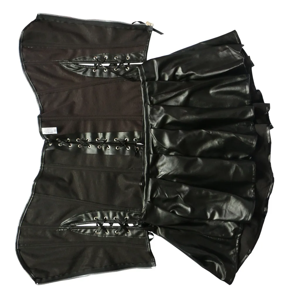 Кожаный корсет с юбкой готический искусственной Overbust корсетные Черный на молнии кожаный корсет сексуальное женское белье плюс Размеры