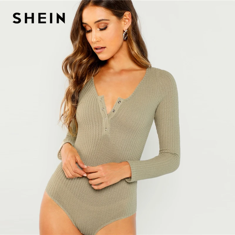 SHEIN Green Snap Button Neck Waffle Knit Bodysuit Casual Plain Mid
