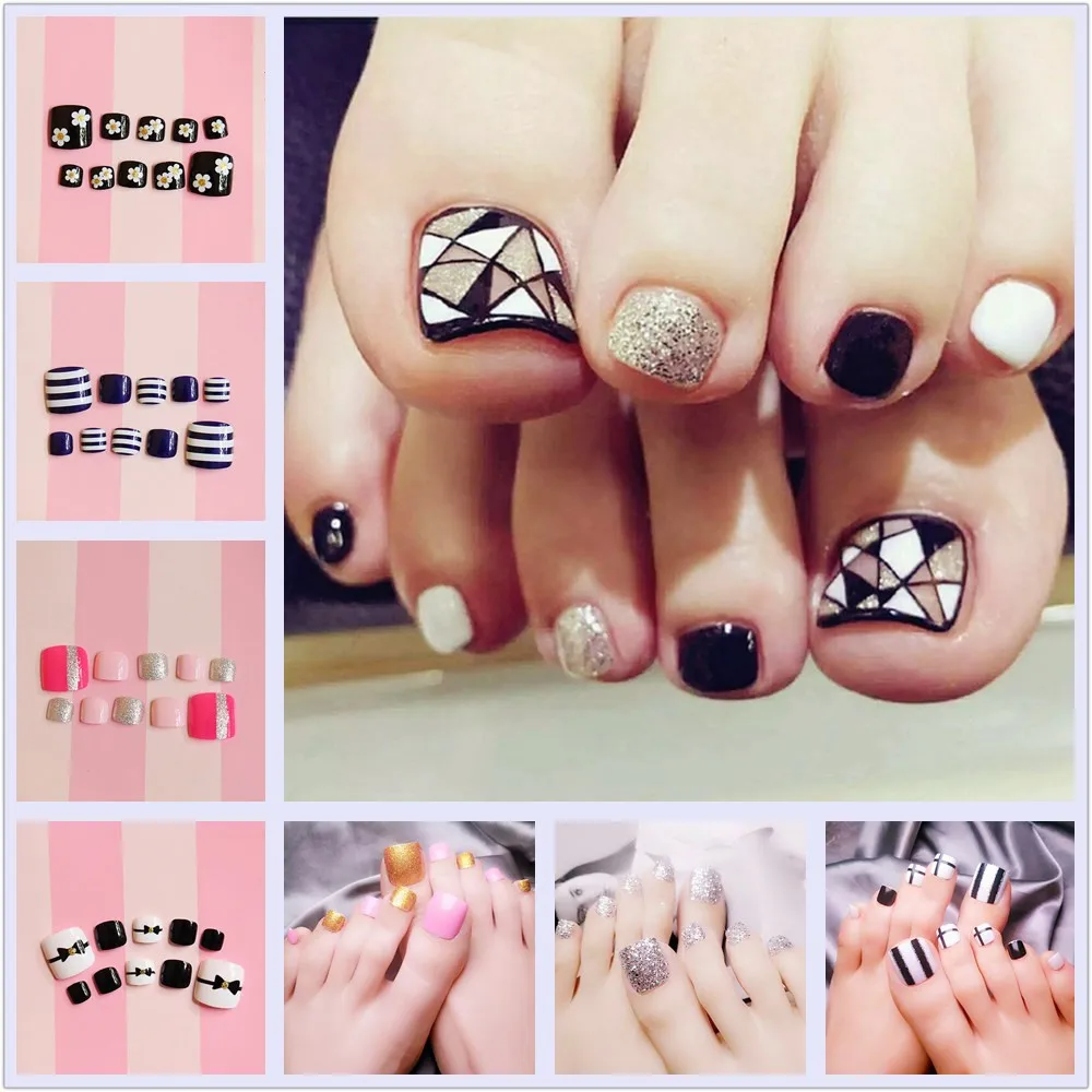 

24Pcs Fashion Acrylic Fake Nails Shiny Toe Nails Tip Glitter Silver False Toenail DIY Nail Art For Foot