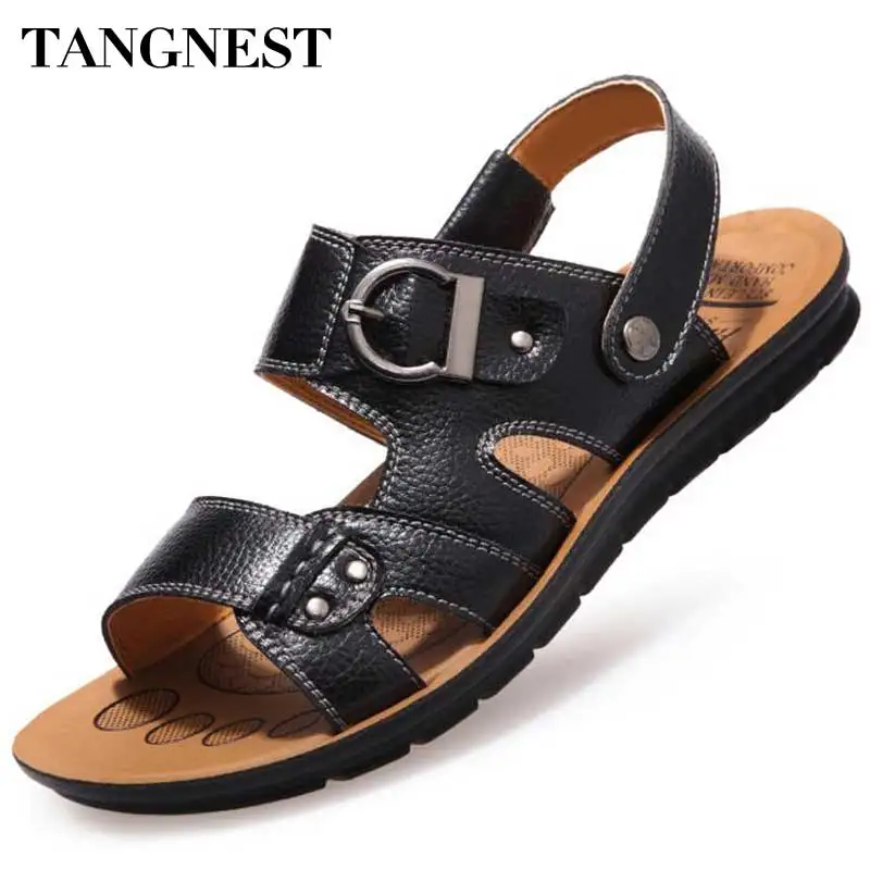 

Tangnest 2017 Summer Men Platform Sandals Pu Leather Men Slip On Beach Sandals Comfortable Summer Slippers Man Brown XML177