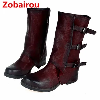 

Zobairou Hot sale black brown red genuine leather cowboy boots flat rain boots buckle strap zip botas mujer shoes woman