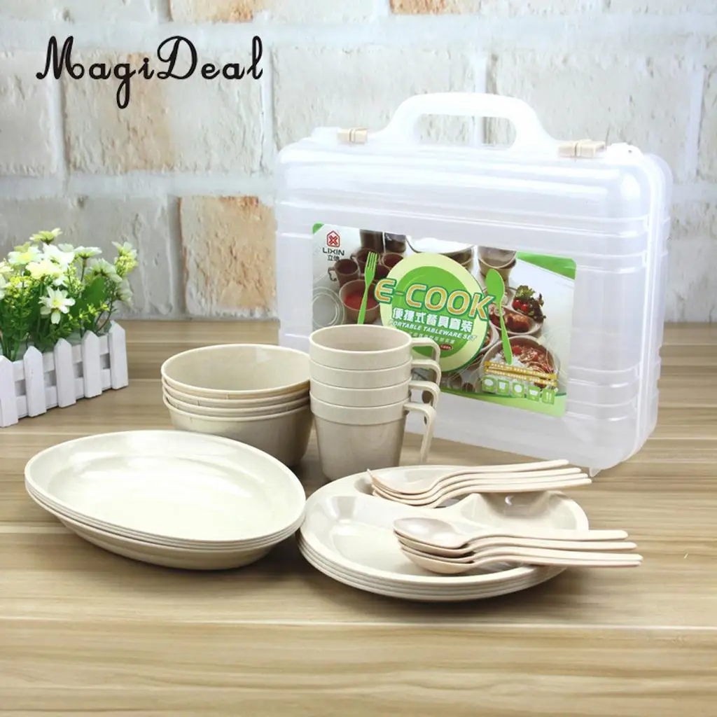 

MagiDeal 24Pcs (4 Mugs 4 Soup Bowls 4 Spoons 4 Forks 8 Plates) Food Grade Reusable Outdoor Party Picnic Camping Tableware Set